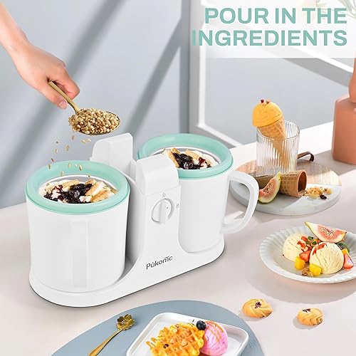 Miniatura 4 de Pukomc Máquina para hacer helados para uso doméstico, con dos cuencos de helado, operación simple y fácil de limpiar, blanco y verde