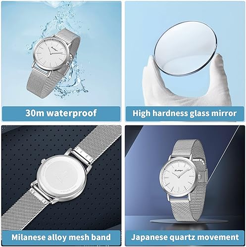 Miniatura 2 de BOSHIYA Relojes para mujer Easy Reader de 1.181 in de acero inoxidable con banda de expansión plateada dorada para mujer, reloj de pulsera pequeño