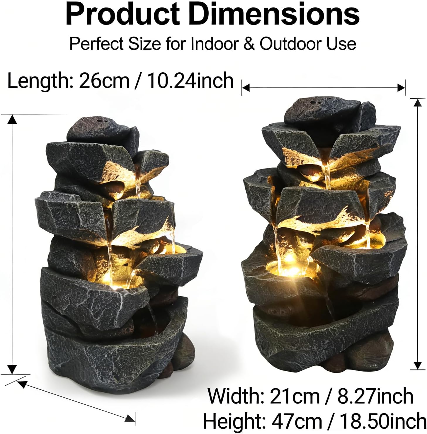 4-Tier Natural Rock Tabletop Waterfall Fountain - Indoor Outdoor Resin Water Fountain with LED Lights, 11.42" L x 8.27" W x 18.31" H for Garden, Patio, Home, Office, Porch Landscaping