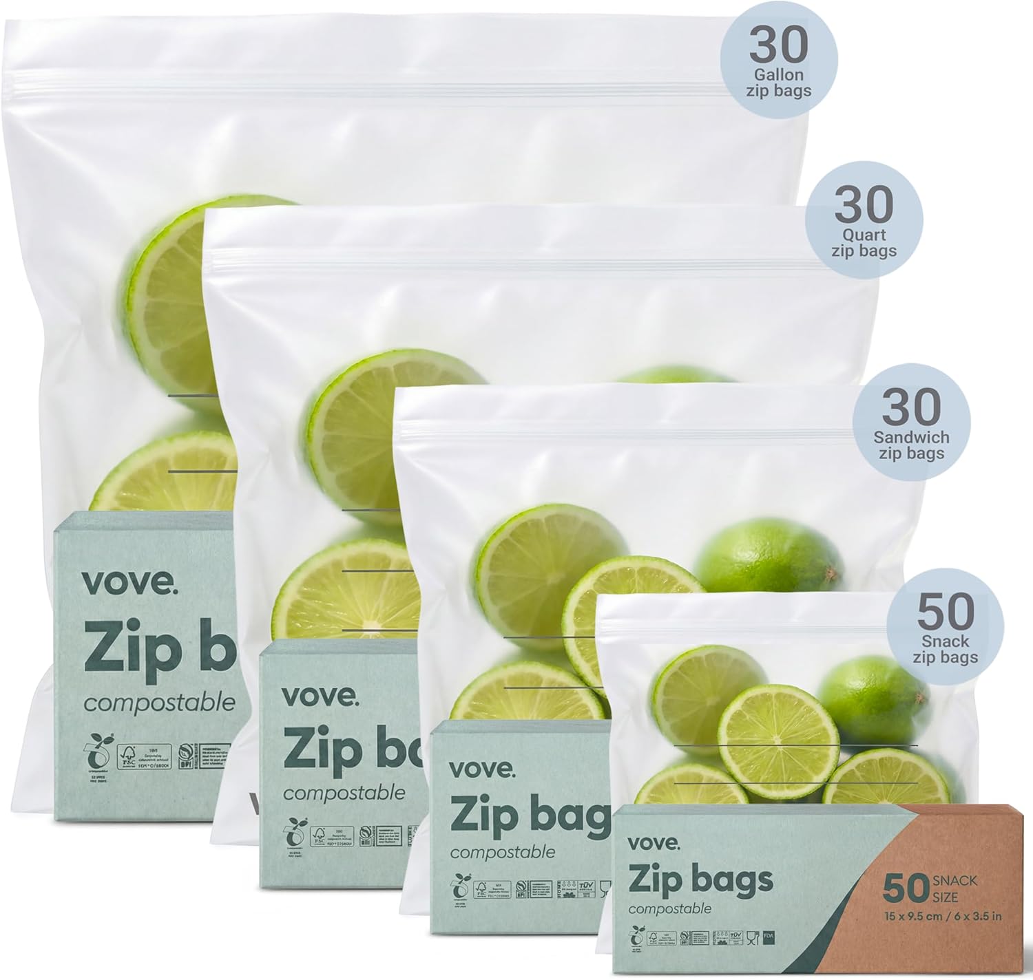 Vove Compostable Storage Bags 140 Ct Multi-Size (S/M/L/XL) – PFAS-Free, BPI Certified, Freezer Safe with Airtight Seal for Food & Meal Prep, Plant-Based