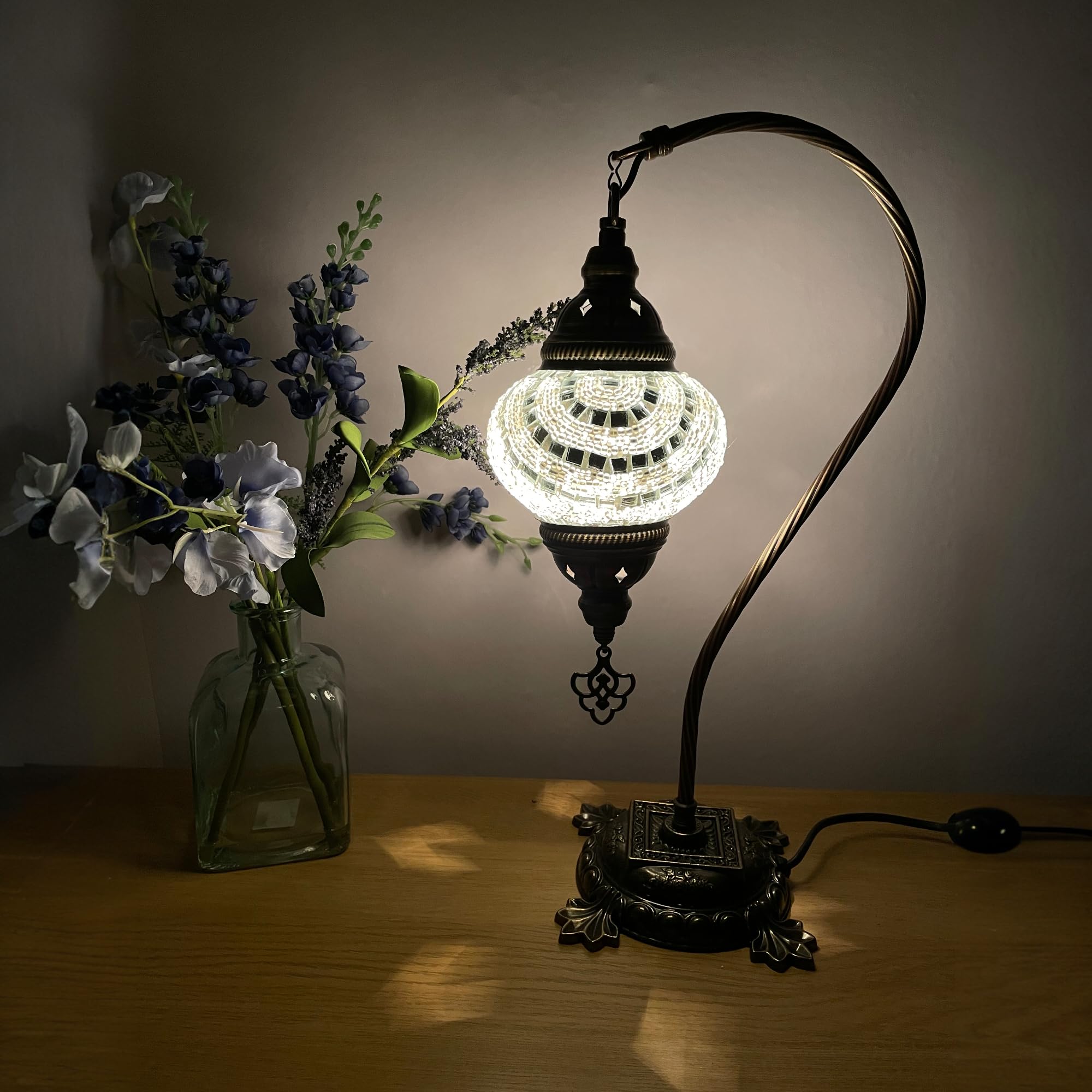 Lightza Handmade Turkish Moroccan Mosaic Desk Lamp LED Bulb | Swan Neck Unique Globe Lampshade Table Light | UK Tested Safe Energy Efficient (White Circles Globe) — image 1