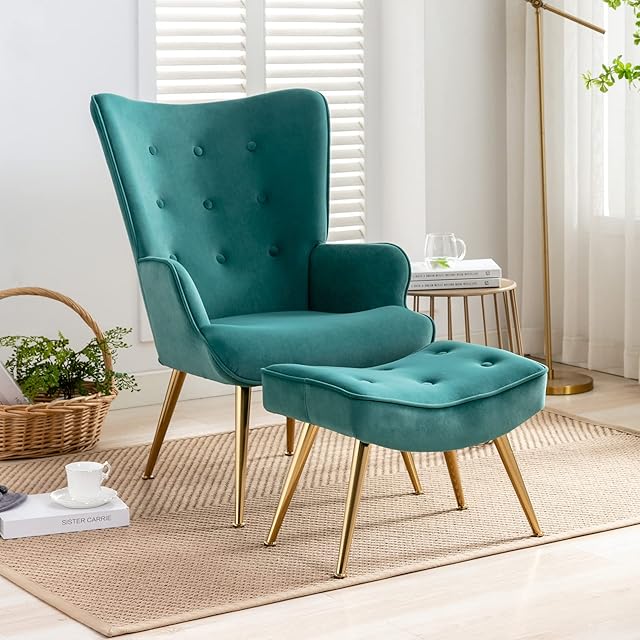 Wahson Velvet Modern Armchair Button-tufted Accent Chair with Footstool Occasional Lounge Chair, Leisure Relax Chair for Bedroom/Living Room/Reading, Green