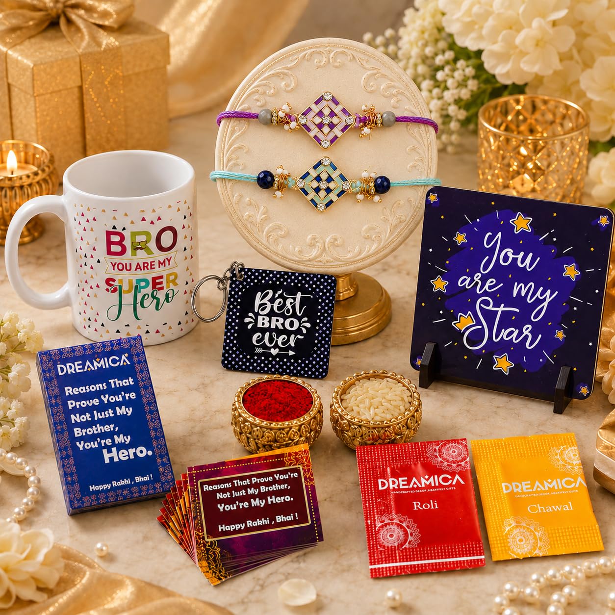 Dreamica Rakhi Gift Combo for Brother | Printed Mug with 2 Designer Rakhi, Desktop Frame Standee, Keychain, 8 Hero Cards, Greeting Card & Tilak Set | Raksha Bandhan Hamper (Rakhi-133)-image-9