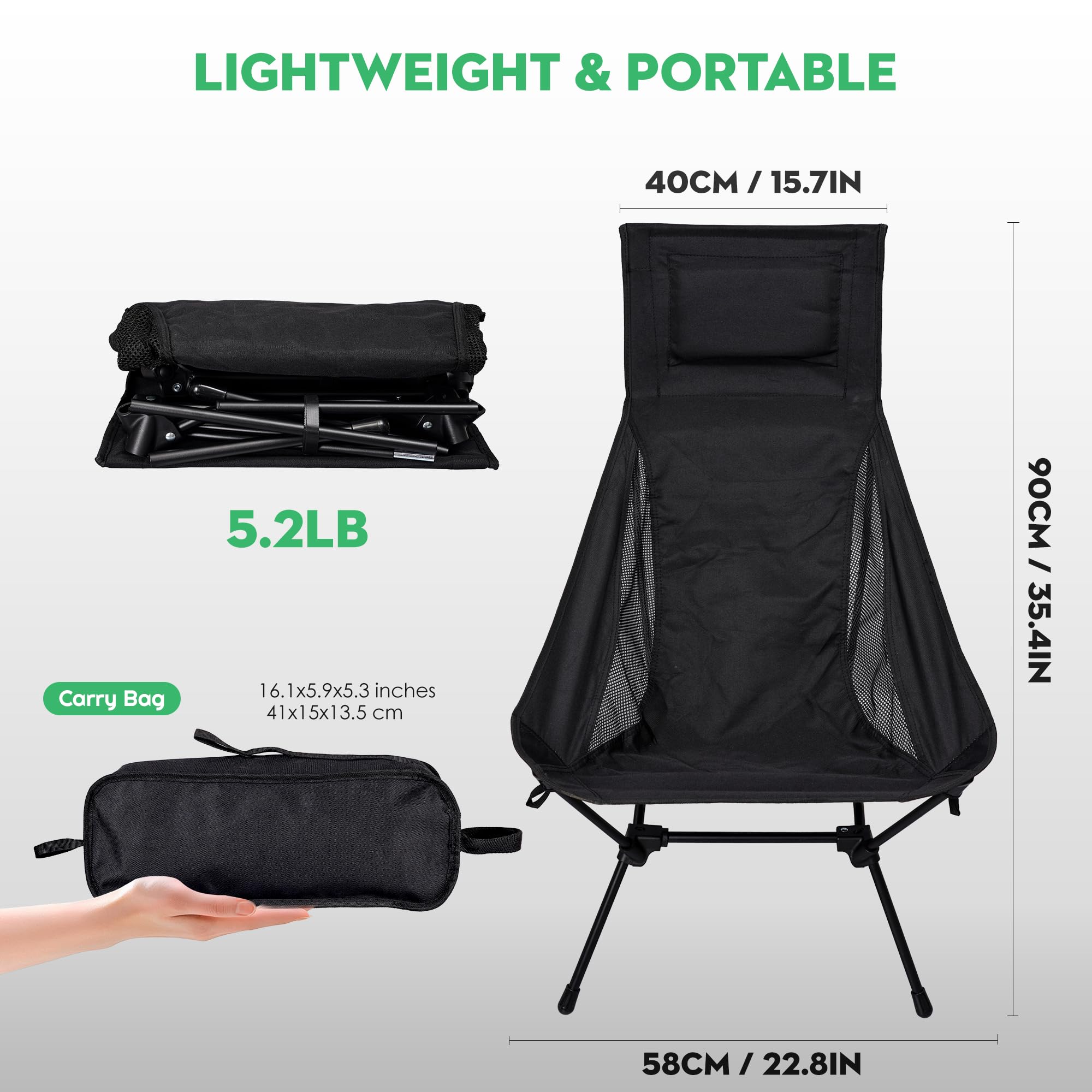 Sedia da viaggio, schienale lungo nero con cuscino per il collo, sedia da campeggio pieghevole leggera, sedile portatile completamente imbottito con tasca laterale, supporto 150 kg per