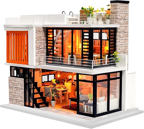 Spilay - Juego de muebles de madera para casa de muñecas en miniatura, de bricolaje, modelo de casa miniatura hecha a mano con luz LED y caja de
