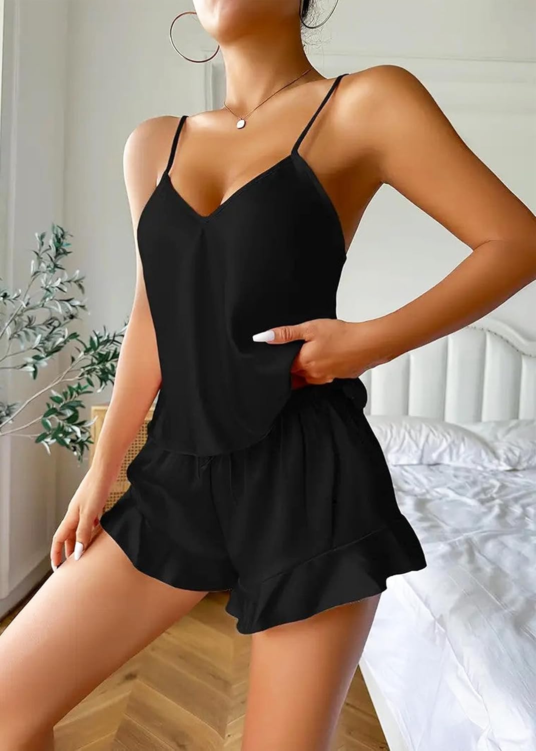 Satin Pajama Set for Women Silk Babydoll Elegant Sleepwear Camisole and Ruffle Shorts Loungewear Pjs (WS401-P) - Image 2