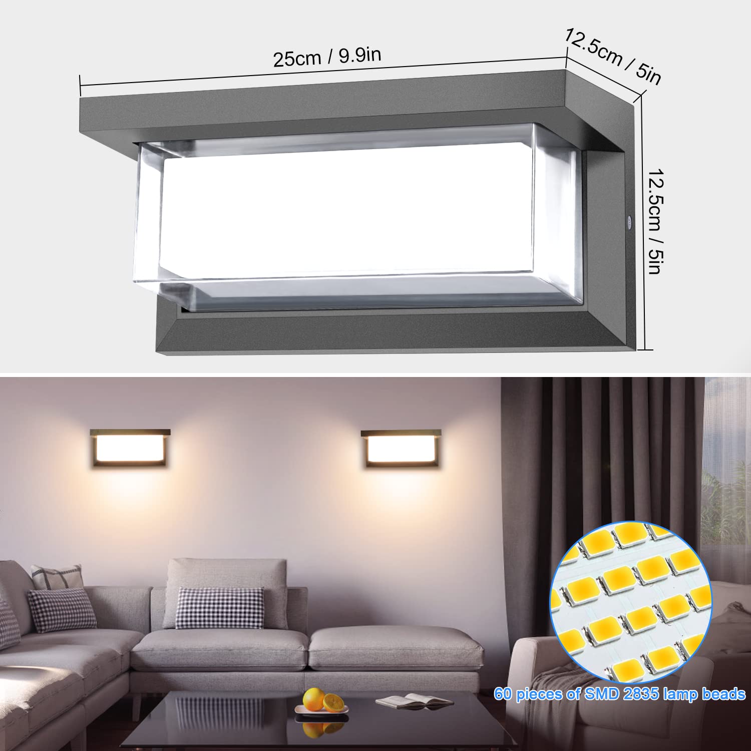 Juyace Modern LED Sconce Wall Light 3000K 18W 1800Lm Matte Black Porch & Patio Lights Aluminum Exterior Light Fixtures Wall Mount IP65 Waterproof (2 Pack)