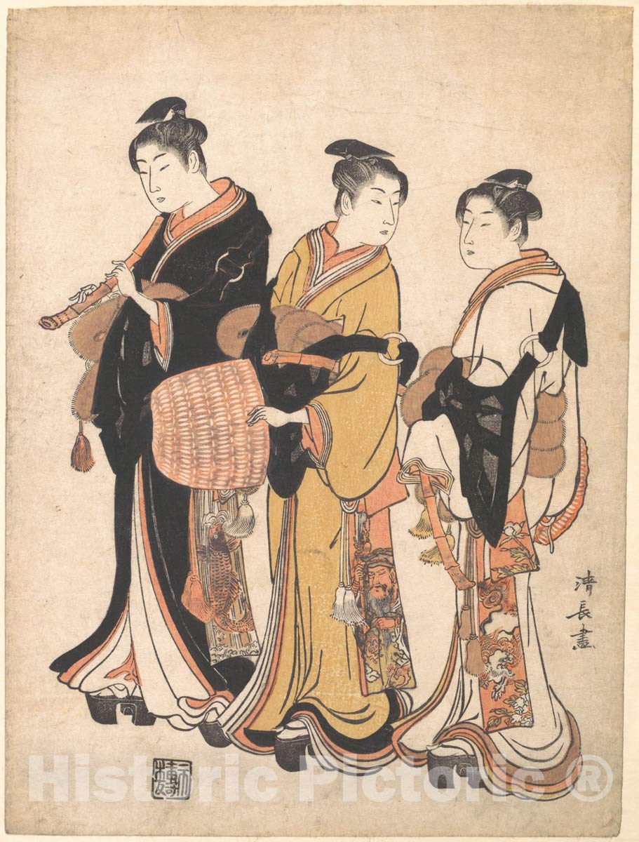 Art Print : Torii Kiyonaga - Three Young Women Masquerading as Komuso (Strolling Minstrel) - Japan : Vintage Wall Décor : 08in x 10in