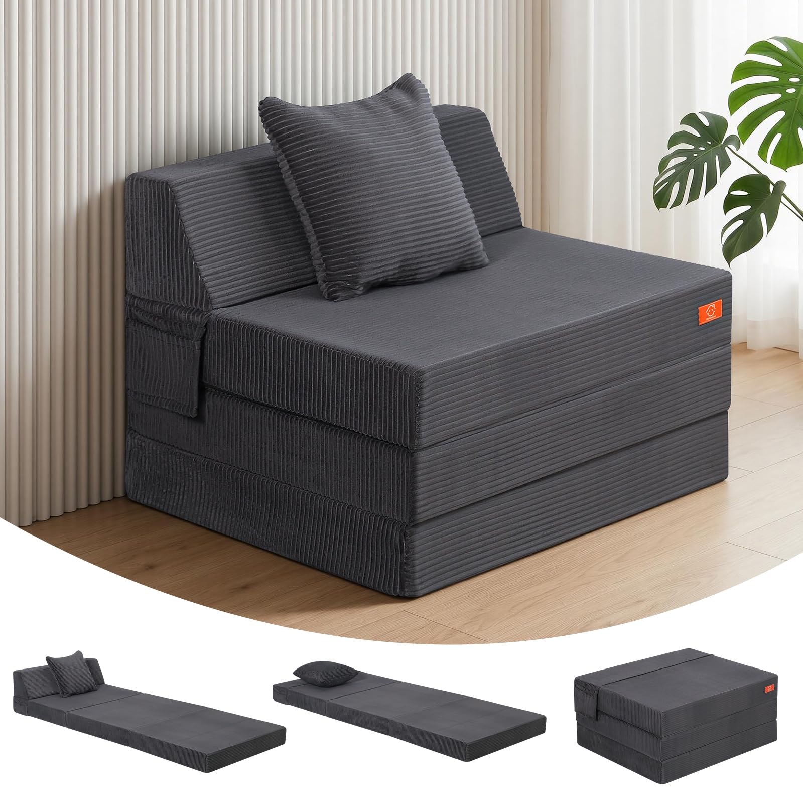 MeMoreCool Single Folding Sofa Bed Chair, Convertible Boneless Couch, Grey