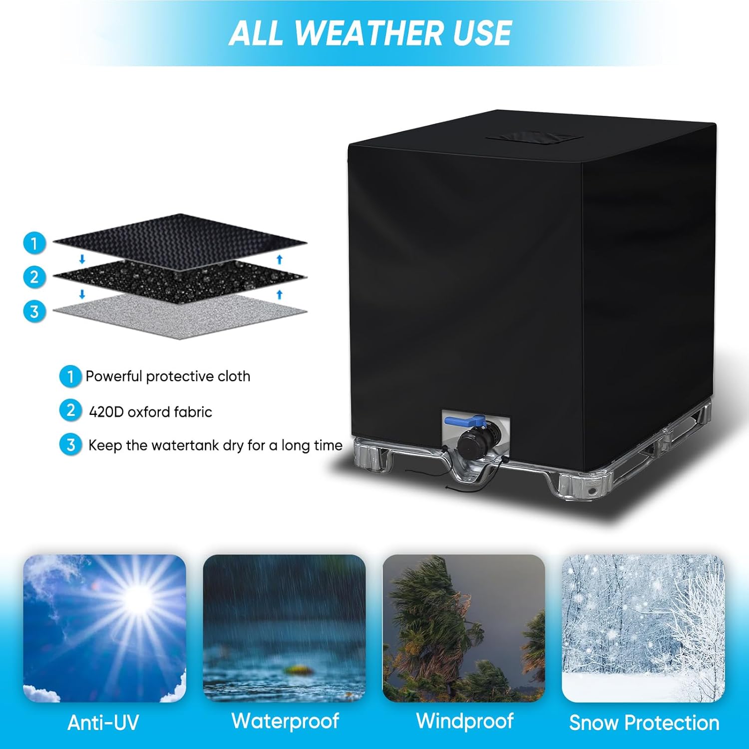 NEVERLAND IBC Tote Cover 275 Gallon - 420D Water Tank Cover, Black Tote Sunshade Waterproof Protective Cover Fit 1000L Garden Water Tank
