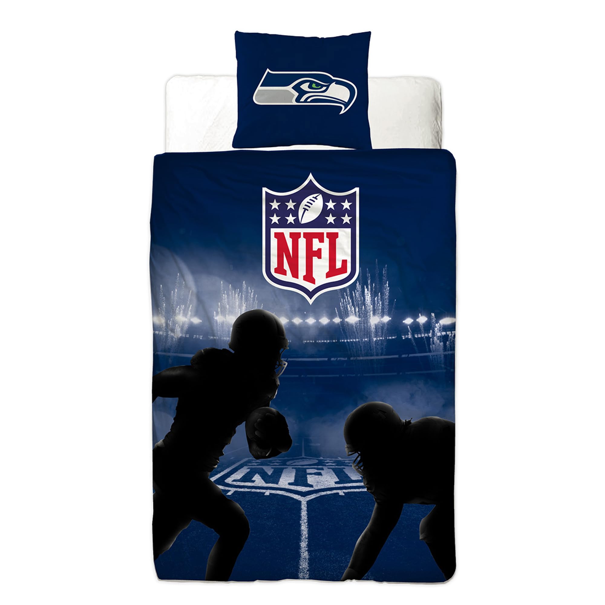 NFL Bettwäsche Seattle Seahawks 135 x 200 cm + 80 x 80 cm 100% Baumwolle Renforcé-Linon-Qualität Reißverschluss American Football Fan Super Bowl BOOM Lumen Field Blitz Wende-Bezug deutsche Größe