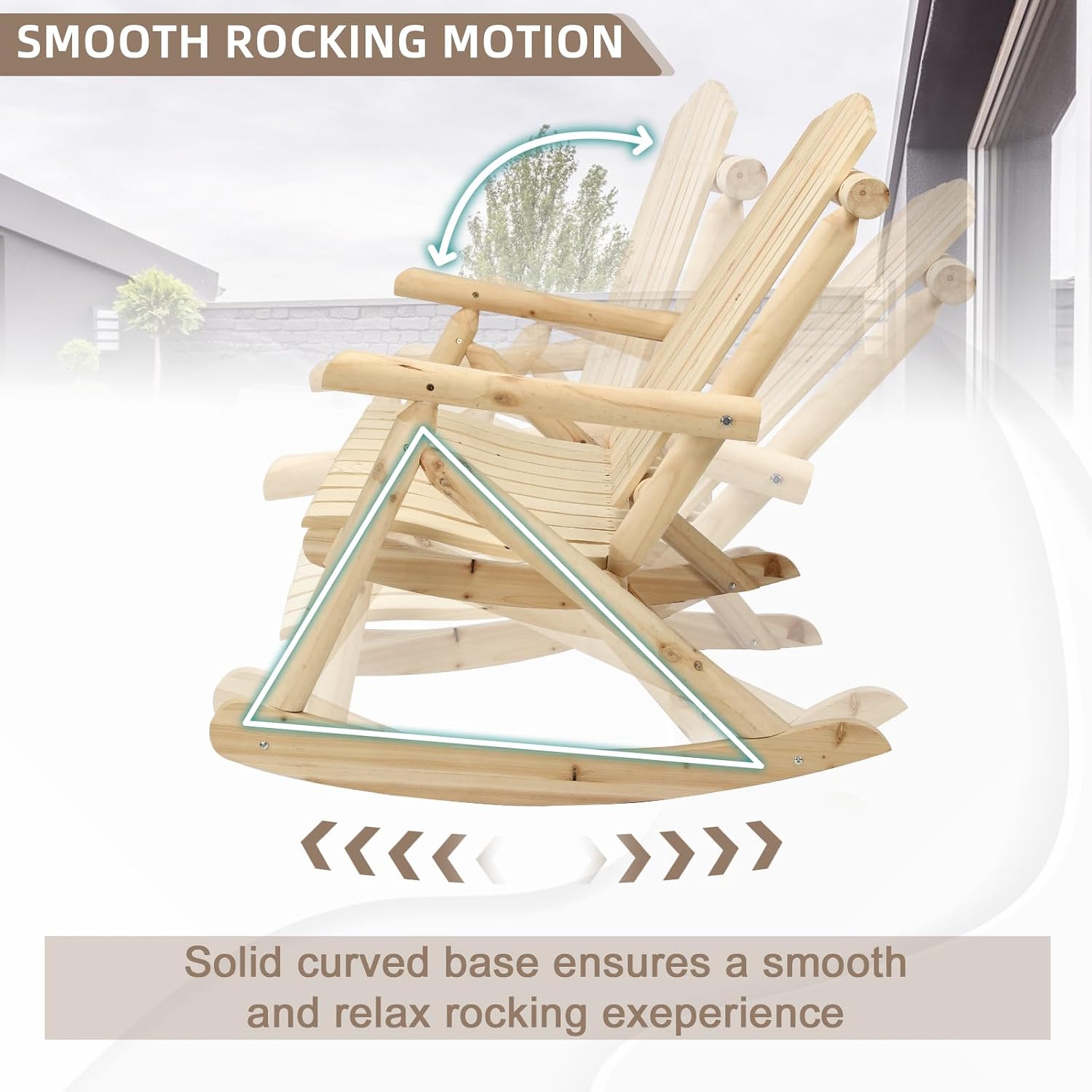 Outdoor Double Wooden Rocking Bench, Adirondack Porch Rocker Chair for 2 Persons, Patio Rustic Log Rocker Loveseat with High Slatted Seat & Backrest for Deck, Backyard, Garden, Natural