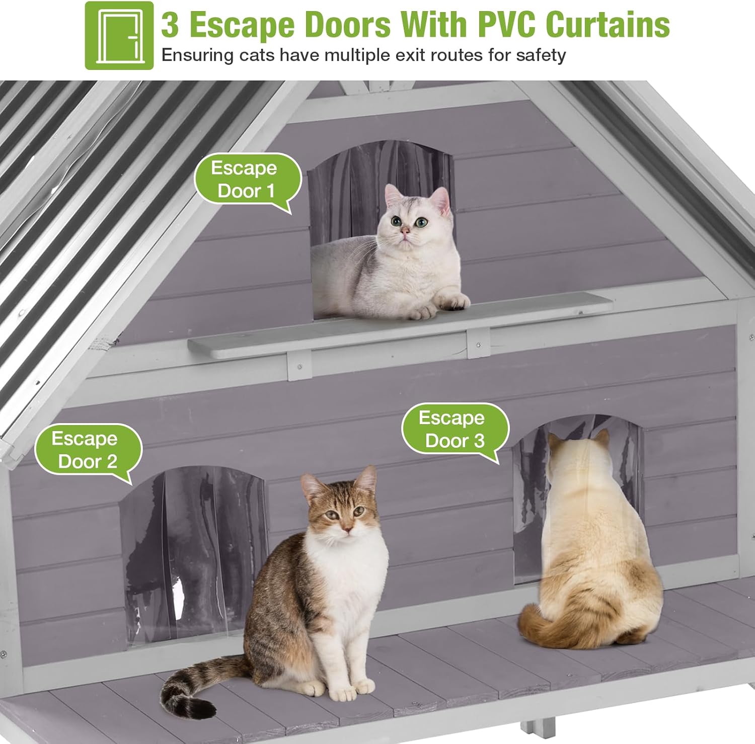 GUTINNEEN Heated Outdoor Cat House Insulated Cat Shelter with 2 Separate Levels, Insulated Liner, Heating Pad, Large Porch, Three Escape Doors for 2-4 Feral Cats Weatherproof