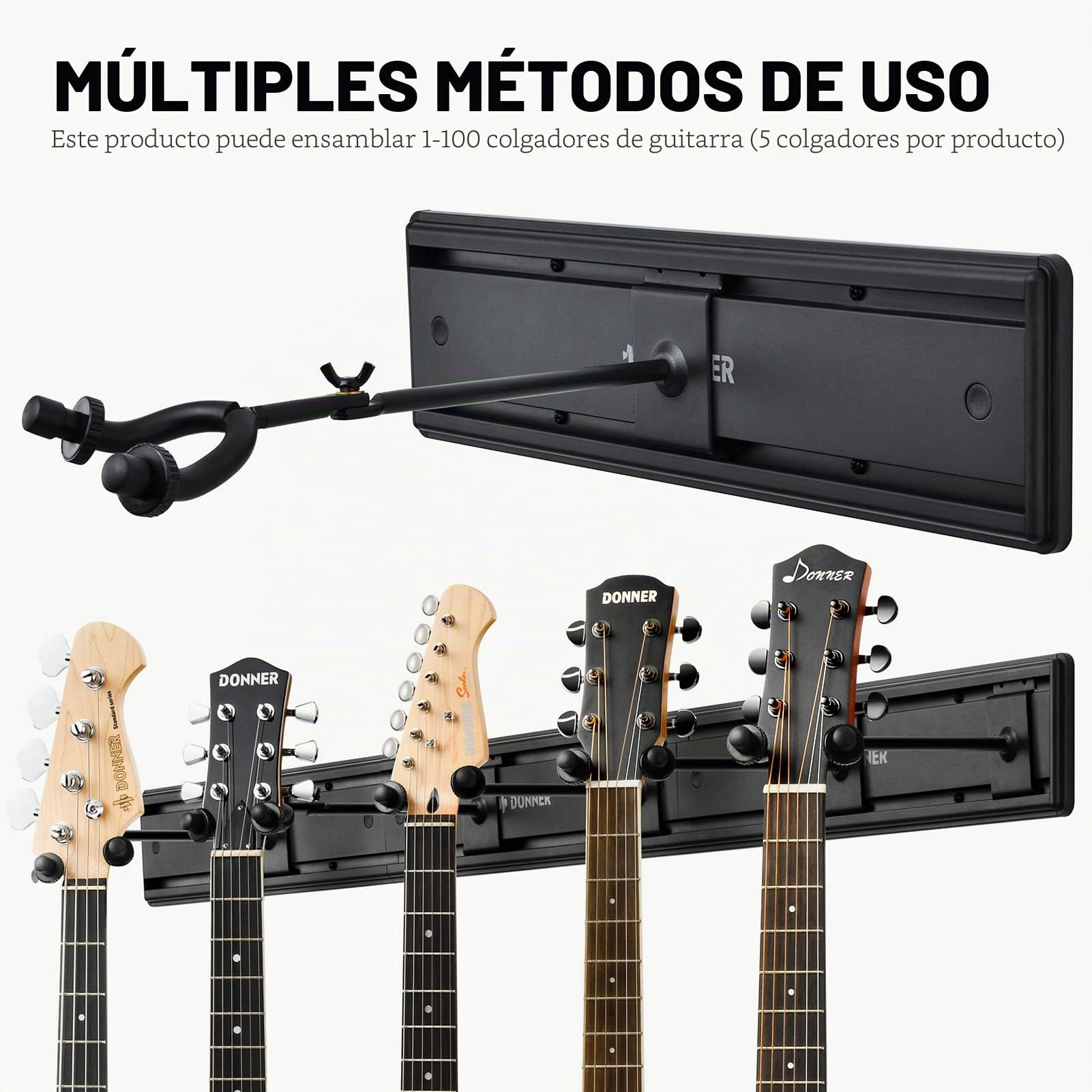 Donner 5 Soporte de pared para guitarra Soporte de montaje en pared para guitarra negra con 5 colgadores de guitarra ajustables para guitarras eléctricas acústicas, bajo, ukelele popular