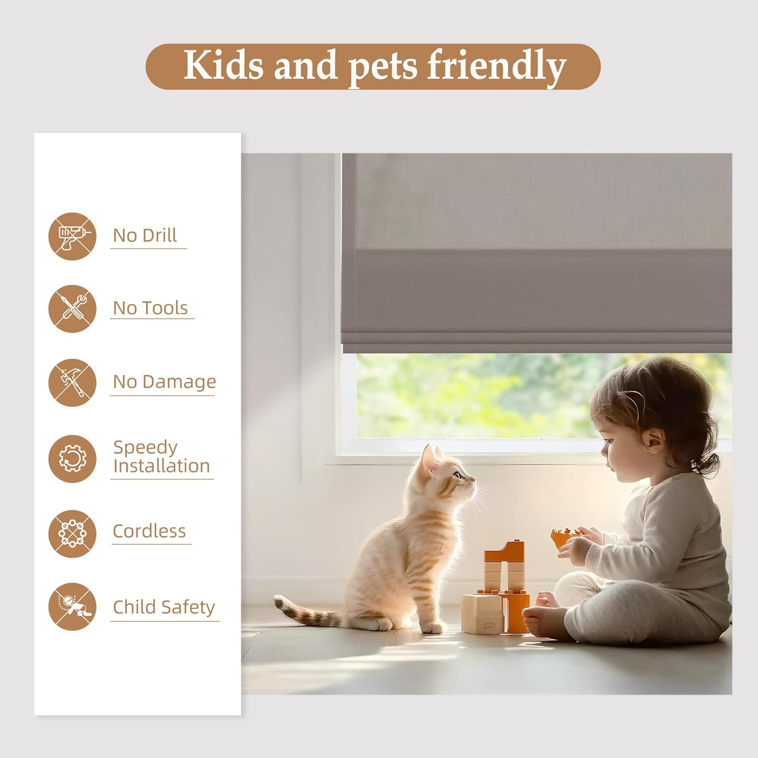 Roman Shades for Windows, Cordless No Drill Blinds for Window, Heat Blcoking and Energy Saving for Living Room, Light Filtering Sheer Brown 37" W x 48" H