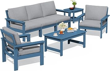 SERWALL HDPE Outdoor Patio Furniture Set Outdoor Couch | All Weather Outdoor Sectional with Coffee Table & Side Table, Blue Frame & Gray Cushions