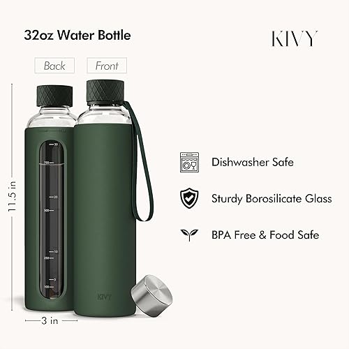Miniatura 3 de KIVY Botella de agua de vidrio con funda de silicona de 32 onzas [CON medidas] – Botella de agua de vidrio de borosilicato con tapa de rosca