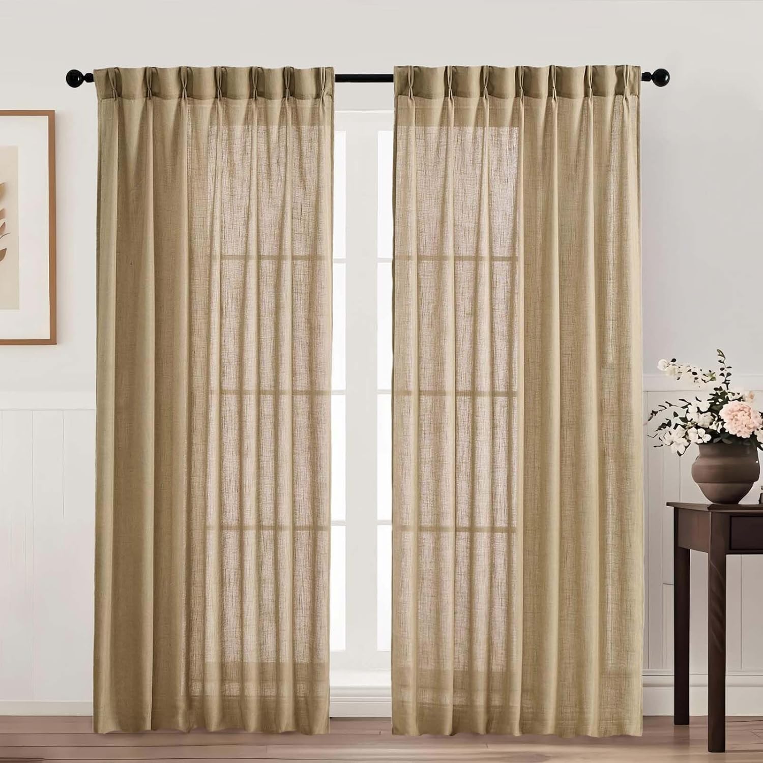 OVZME Linen Semi Sheer Curtains 72 Inches Long 2 Panels, Modern Textured Linen Light Filtering Window Treatments, Pinch Pleated Back Tab No-See Through Drapes for Bedroom, 2x40Wx72L Inches