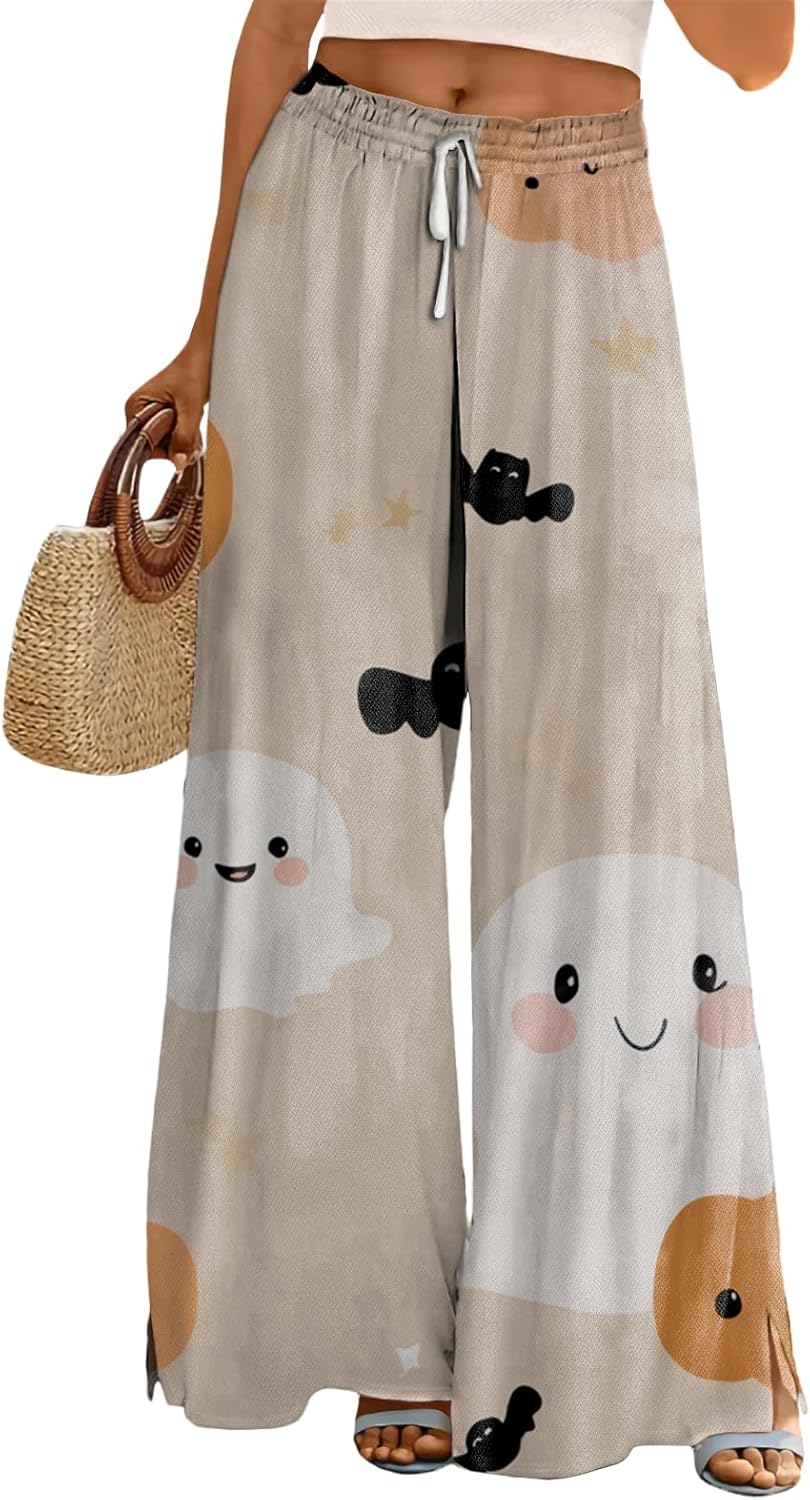 Halloween Pants Women Drawstring Elastic Waist Wide Leg Pants Ladies Pumpkin Ghost Pajama Vintage Street Wear