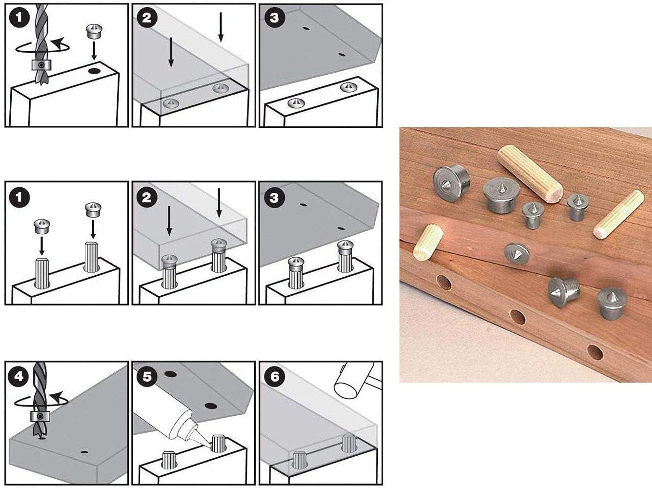 DIY Crafts 4 Pieces Dowel and Tenon Center Transfer Plugs Point 1/4", 5/16", 3/8" and 1/2" Set of 1 Set, 4 Pcs One Set for Wood Door Cabinet Other DIY Works (4) 2