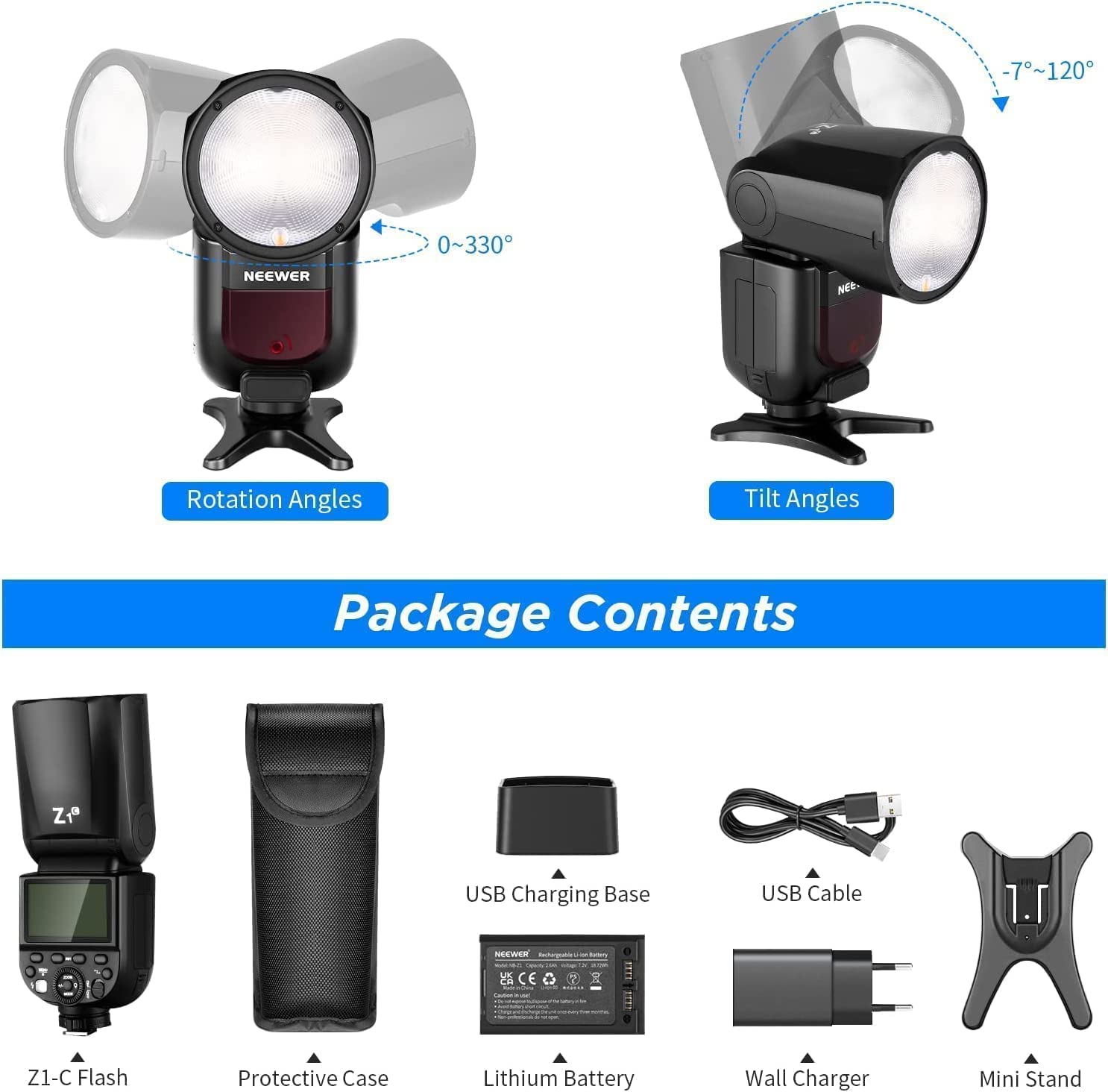 NEEWER Z1-C TTL lampa błyskowa Speedlite okrągła lampa błyskowa do aparatów Canon DSLR, 76 W 2,4 G 1/8000s HSS, 10 stopni LED lampa regulacyjna, Speedlight z akumulatorem litowym 2600 mAh, recykling w