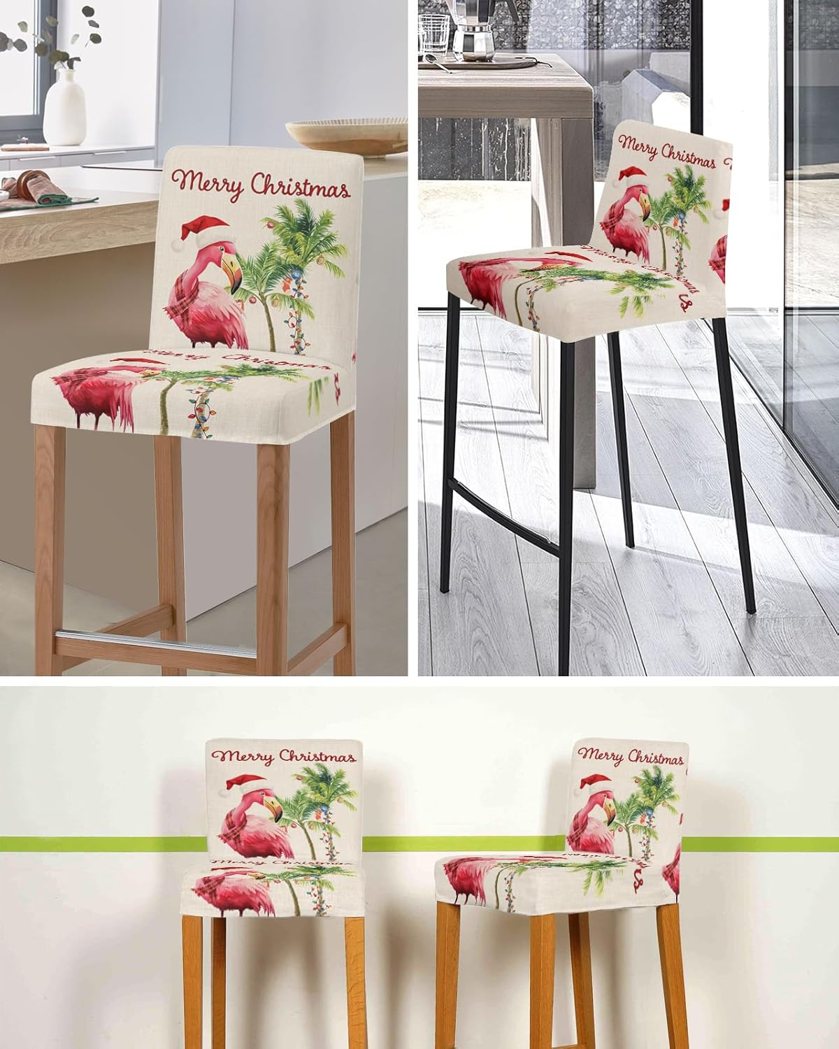 Christmas Flamingos Bar Stool Covers - Stretch Dining Chair Covers Set of 2, Xmas Balls Tree Rustic Bar Chair Covers Removable Counter Stool Pub Chair Slipcovers Protectors for Kitchen/Cafe