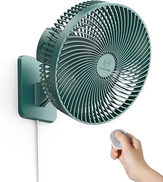 LEMOISTAR 10 Inch Wall Mounted Fan with Remote Control, 90 Oscillating, 4 Speeds, 4 Timer, Adjustable Tilt, 70 Inch Cord, Quiet, for Bedroom Garage RV Office Home Patio-Green