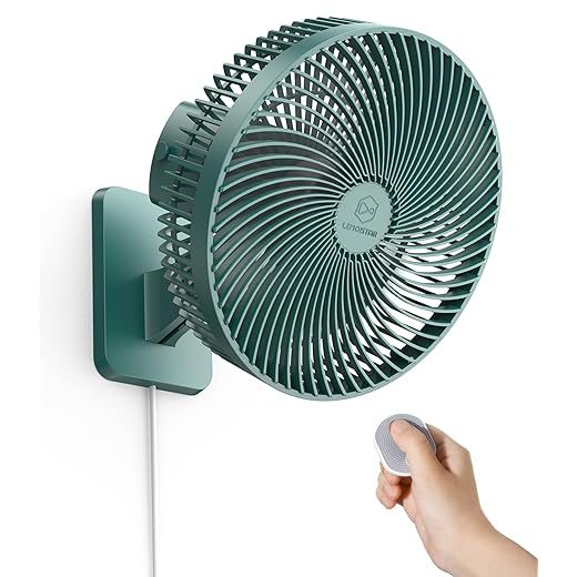 LEMOISTAR 10 Inch Wall Mounted Fan with Remote Control, 90° Oscillating, 4 Speeds, 4 Timer, Adjustable Tilt, 70 Inch Cord, Quiet, for Bedroom Garage RV Office Home Patio-Green