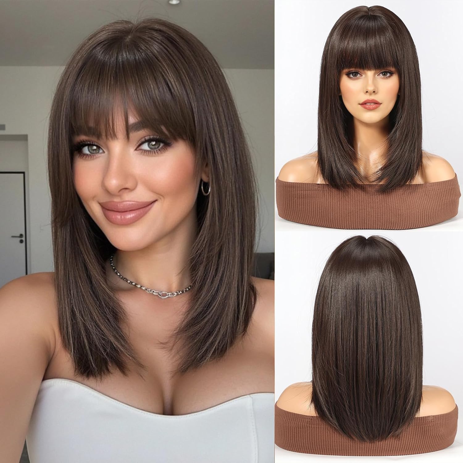 Dark Brown Mid Length Straight Layered Wigs Human Hair with Bangs Layered for Women Daily Use (Black, 20 Inch)