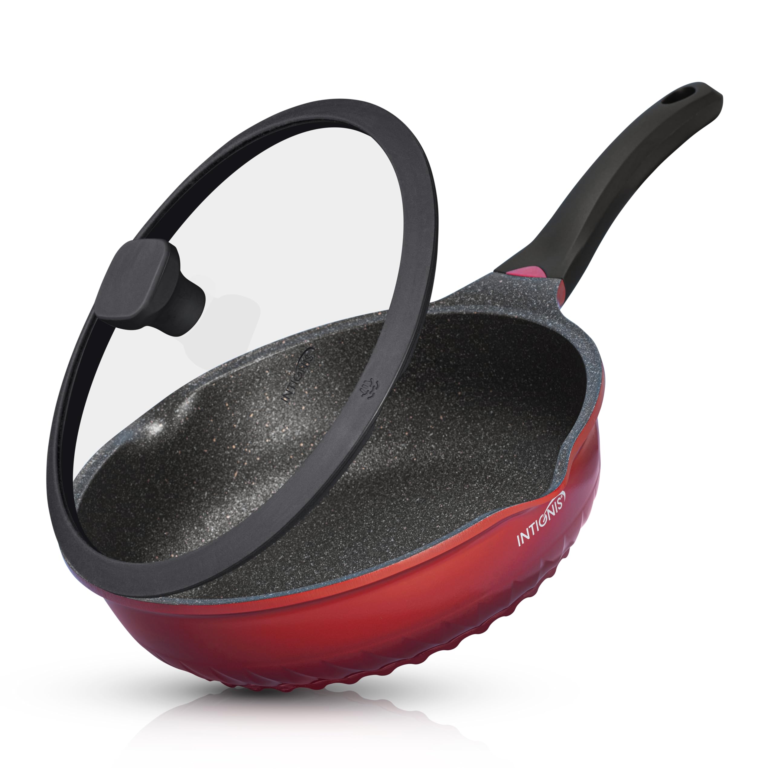 INTIGNIS Poêle à frire de 30 cm de profondeur avec couvercle | Anti-rayures | Compatible induction | Intérieur anti-adhésif | Poignée résistante à la chaleur | Parfaite pour la cuisine quotidienne