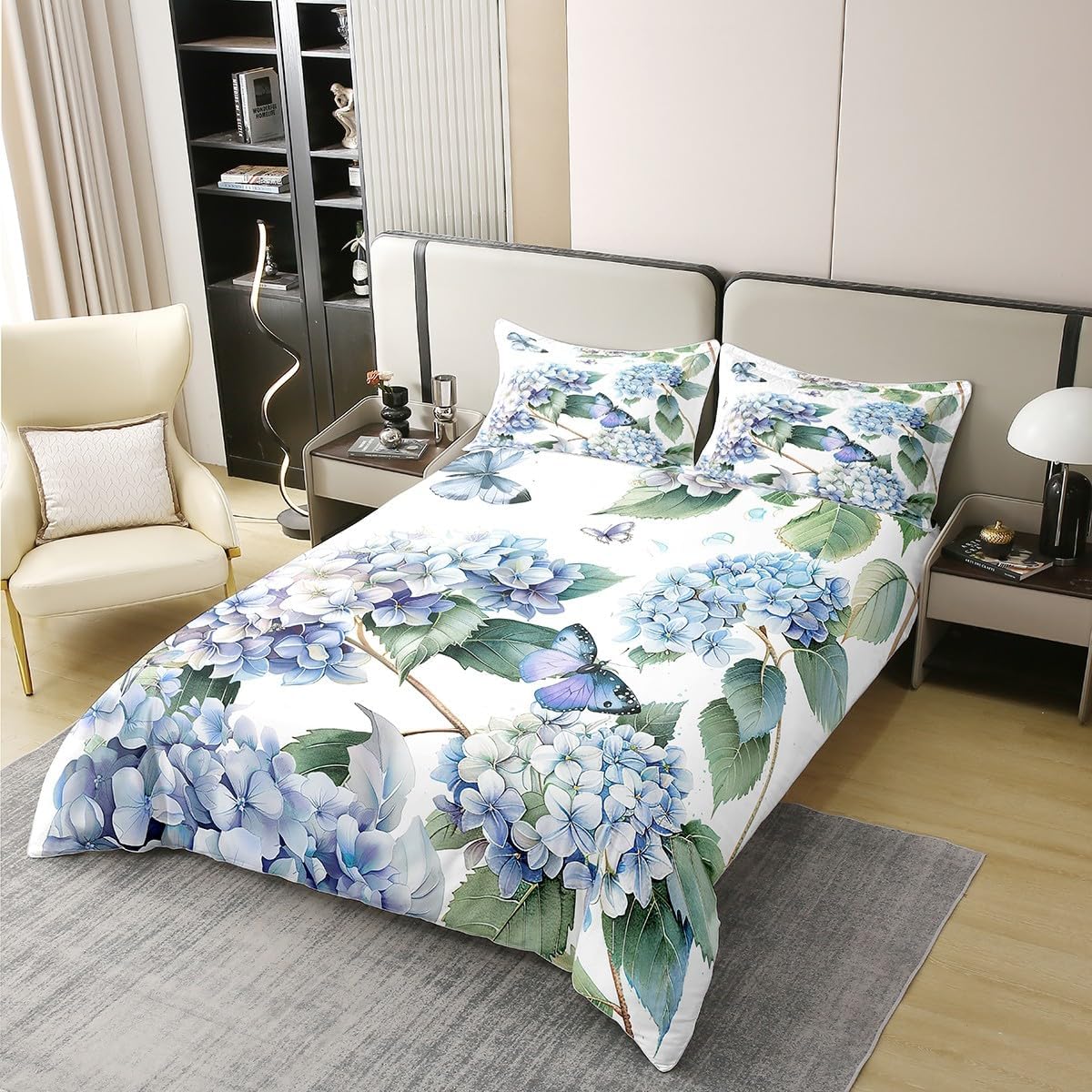 Girls Ombre Floral 100% Natural Cotton Comforter Cover Twin Size,Blue Hydrangea Flowers Bedding Set,3D Butterflies Duvet Cover,Summer Garden Rustic Theme Bedspread Cover,Bedroom Decor 2Pcs - Image 2
