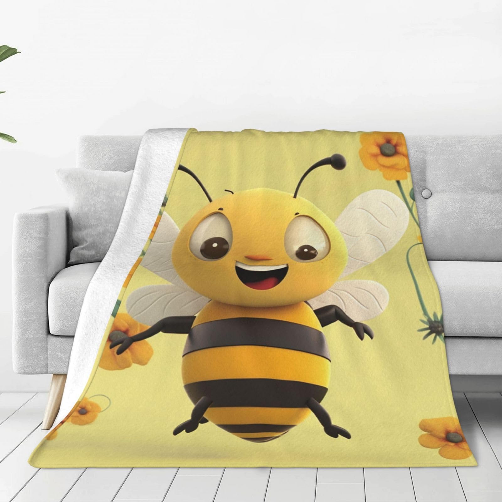 Happy bee Throw Blanket for Couch, Plush Fuzzy Soft Flannel Blankets and Throws for Sofa, 60"x50" Bed Blankets for Travel Camping Chair, All Season Warm Fleece Blanket