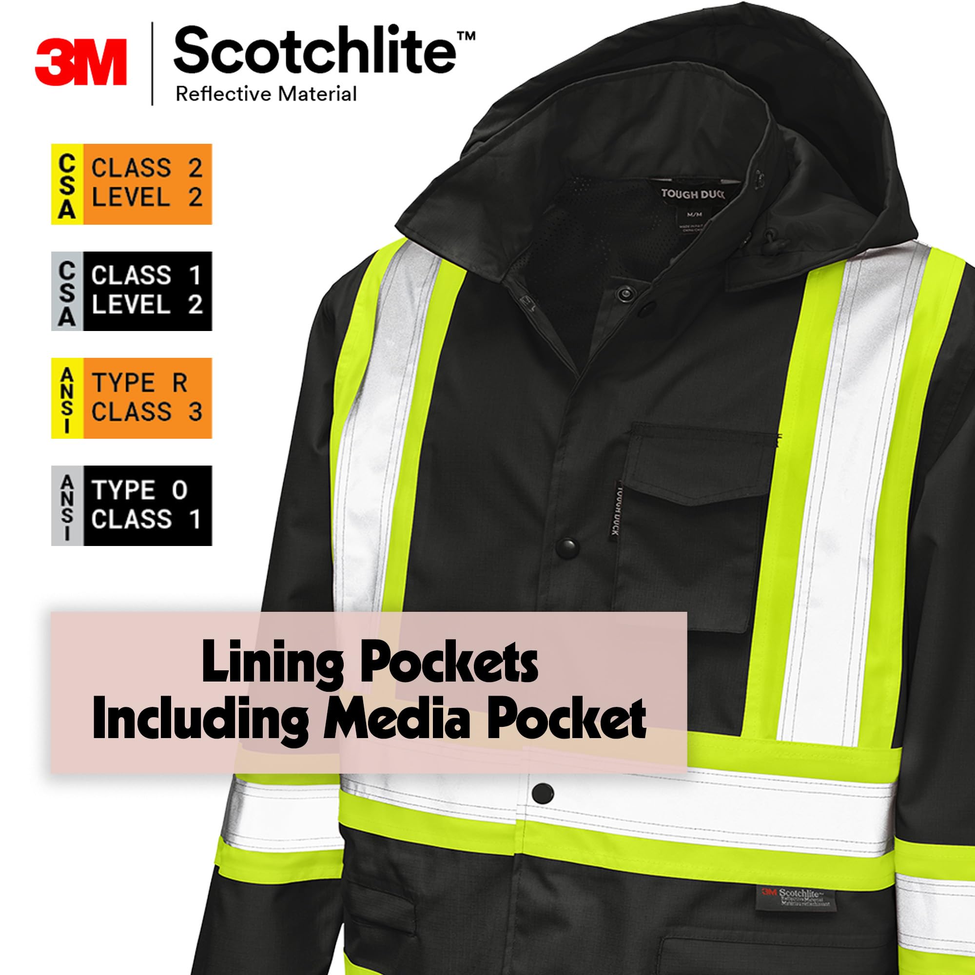 Tough Duck Premium Ripstop Safety Rain Jacket – Waterproof Hi-Vis Reflective for Outdoor Work, Heavy-Duty, ANSI Class 1, 2, 3, Saftey Black, Large