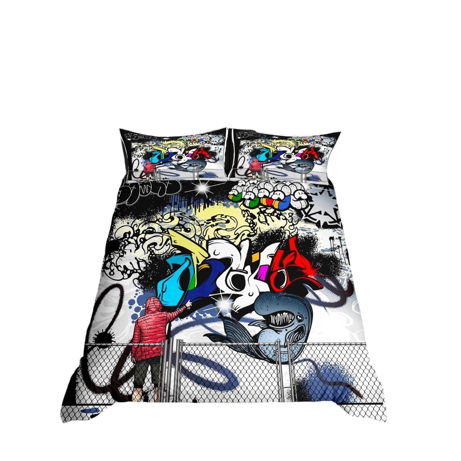 Homewish Graffiti Single Duvet Cover Set Teenage Boy Hip Hop Bedding Sets for Kids, Graffiti Wall Art Design Comforter Cover Abstract Hippie Urban Doodle Pattern Duvet Set, 1 Pillowcase