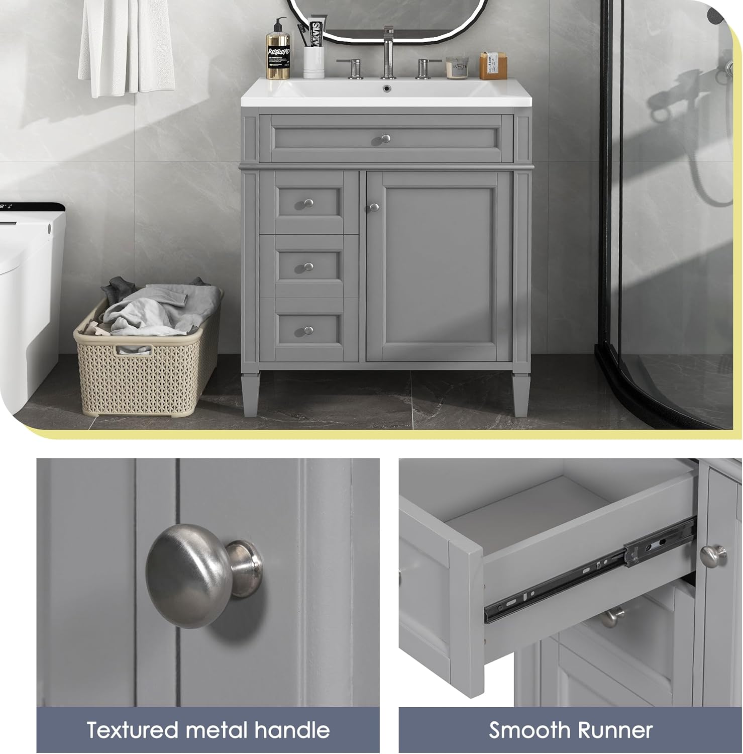 30'' Bathroom Vanity with Top Sink, Modern Bathroom Storage Cabinet,Single Sink Bathroom VanityGrey