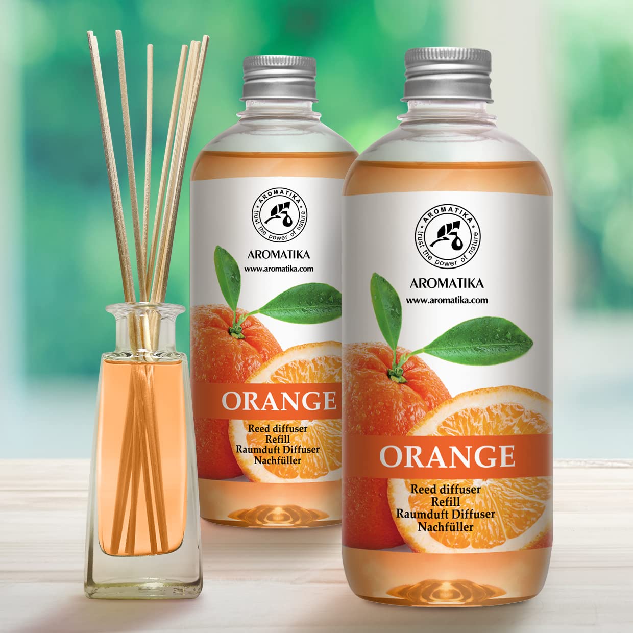 Recambio de Difusor con Aceite Esencial de Naranja 2x500ml - Fragancia para Hogar - Ambientador de Aire - Difusor Perfumado para Aromaterapia - SPA - Hogar - Cocina - Baño