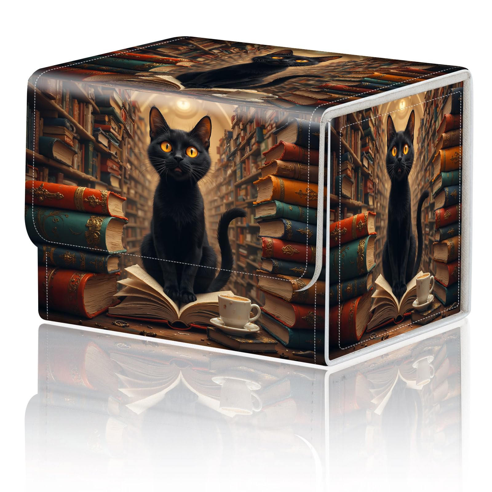 Card Game Storage Box for TCG Deck Box MTG Card Box Organizer Trading Card Case Commander Deck Box TCG Card Storage Box Magnetic Closure Creative Pattern Up to 200 Cards, Black Cat Bookshelf Library — image 1