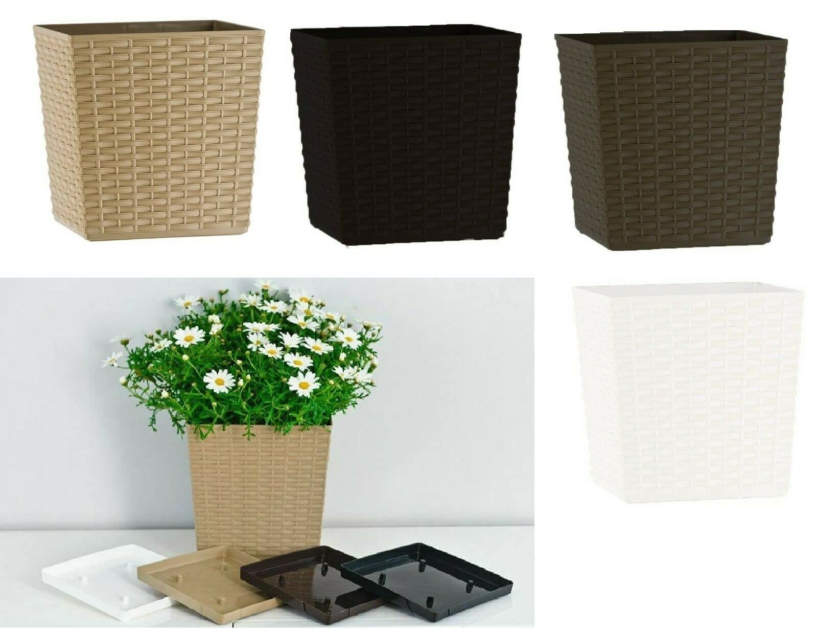 Plant Pot Rattan Square Flower Modern Decorative Saucer Drainage Large Small Medium 4 colours Brown Black White Beige (21cm x 21.5cm, Brown)