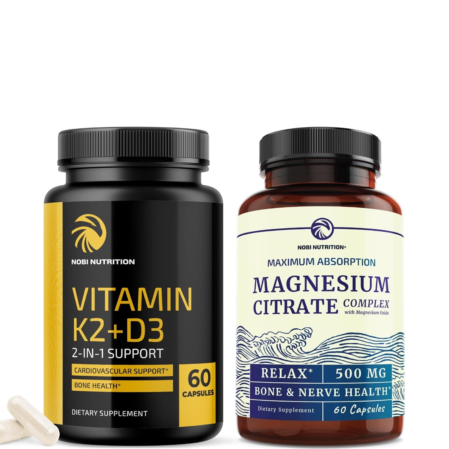 Vitamin D3 K2 5000 IU (60ct) & Magnesium Citrate 500 MG (60ct) | Immune System, Strong Bones, Calm, Relaxation, Digestion & Muscle Support | Non-GMO