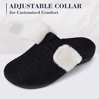 ERGOfoot Orthopedic Slippers for Women, Fuzzy Slipper with Arch Support Bedroom Shoes for Plantar Fasciitis, Slip On Scuffs with Indoor Outdoor Anti-Skid Rubber Sole/Black W9