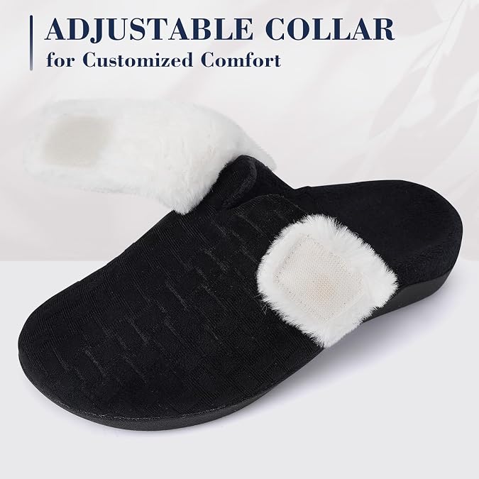 ERGOfoot Orthopedic Slippers for Women, Fuzzy Slipper with Arch Support Bedroom Shoes for Plantar Fasciitis, Slip On Scuffs with Indoor Outdoor Anti-Skid Rubber Sole/Black W9
