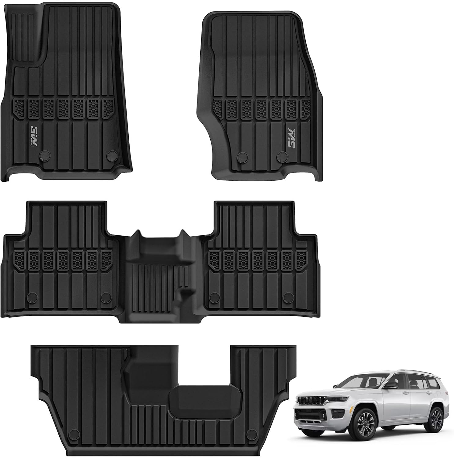 3W Floor Mats Fit for Jeep Grand Cherokee L 7 Seat 2021-2025 2026 All Weather TPE Custom Fit Floor Liner for 1-3 Rows Full Set Car Mats Black(NOT Fit for 6-Passenger)