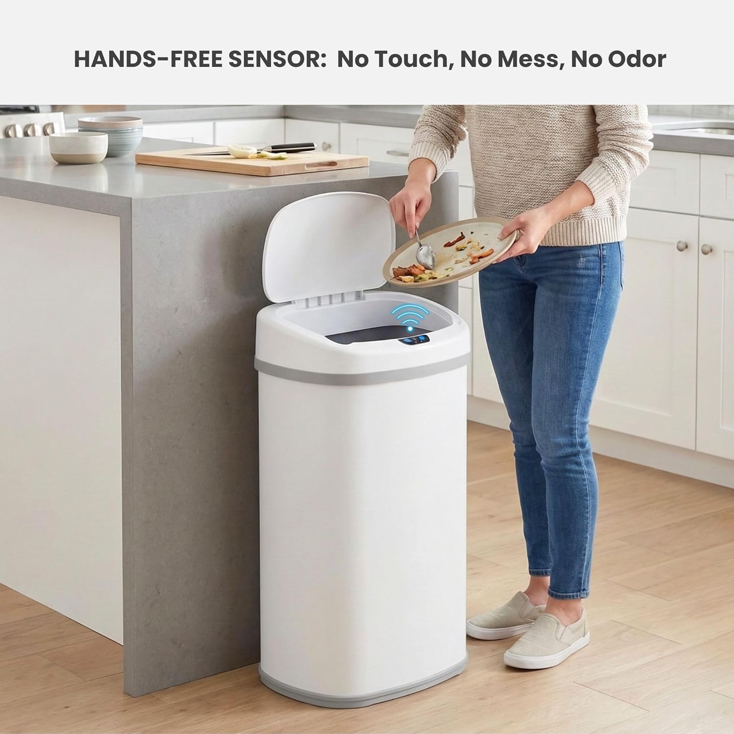 iTouchless 13 Gallon Oval Motion Sensor Garbage Container with Odor Filter, 50L Touchless Stainless Steel Kitchen Bin, Smart Automatic Lid, Fingerprint-Proof, Soft-Close, Brilliant White