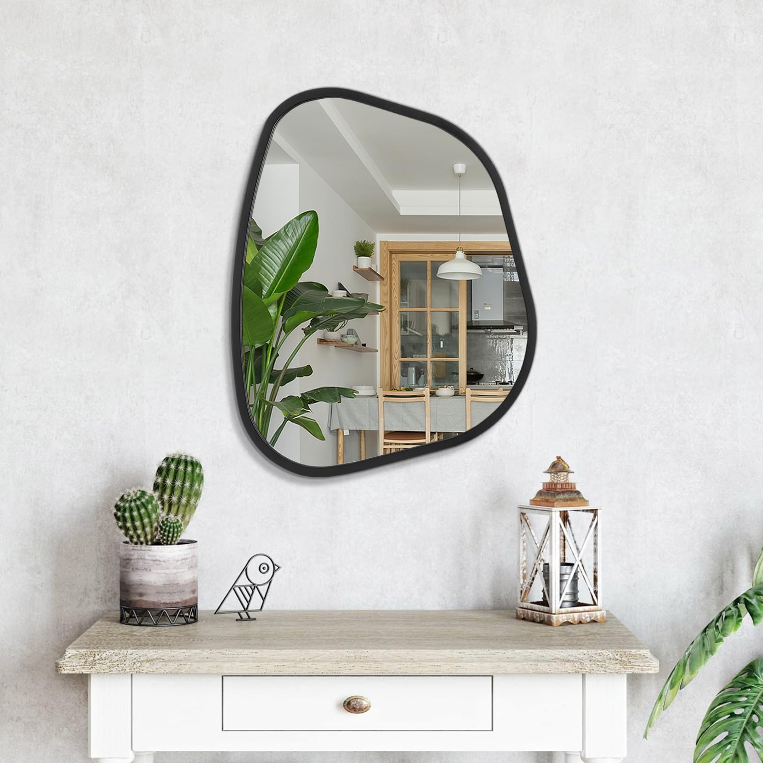 Schwarzer Asymmetrischer Spiegel Großer 50 x 40 cm Unregelmäßiger Ovaler Wandspiegel Moderner Holzrahmen Wand befestigter Spiegel Dekorativ für Wohnzimmer Schlafzimmer Badezimmer