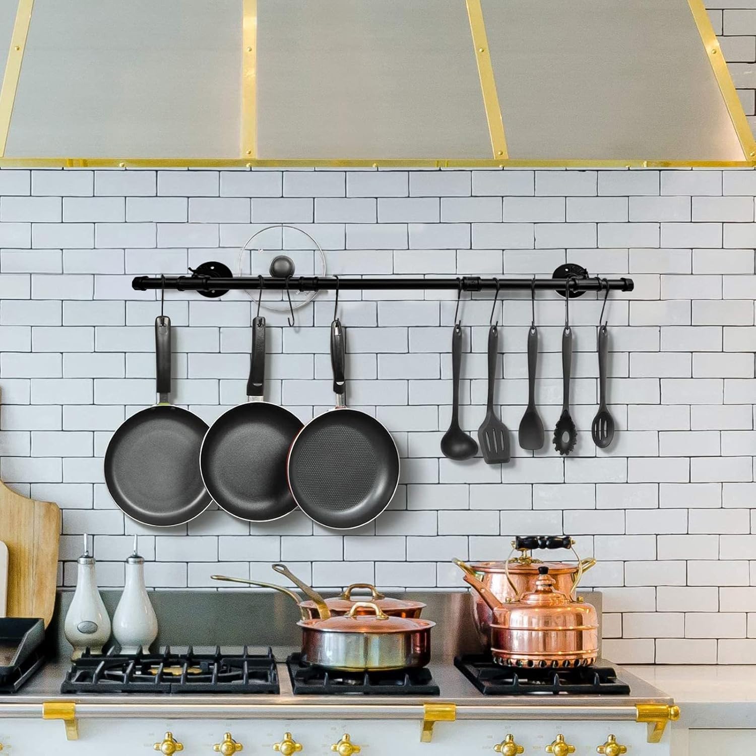 Pot rack wall mounted hanging pot and pan rack 23 3/5 inch with 6 S-hooks-Black…