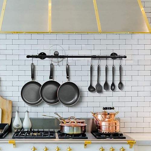 Miniatura 6 de Estante para ollas y sartenes colgante montado en la pared 23 35 pulgadas con 6 ganchos en S, negro..