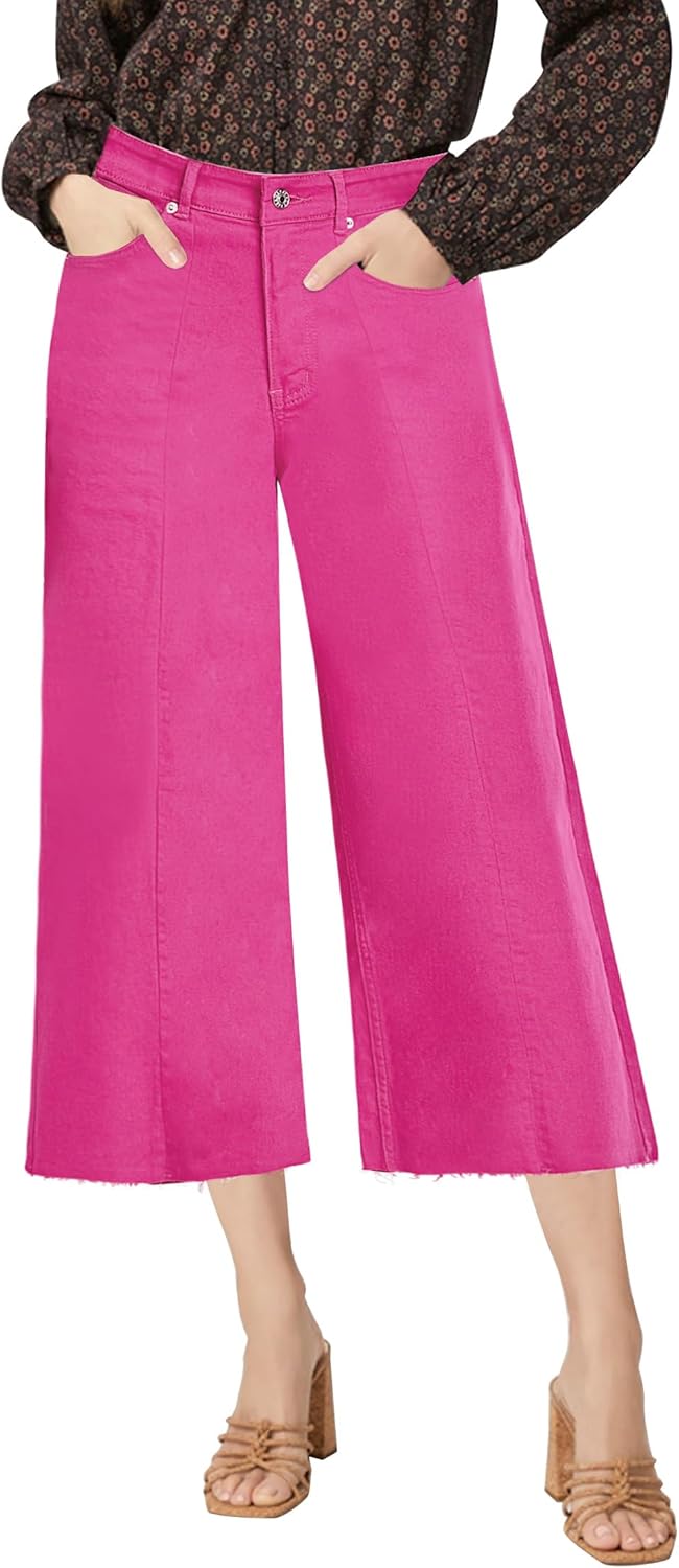 luvamia Wide Leg Capris Jeans for Women Trendy High Waisted Jean Capris Raw Hem Stretchy Denim Cropped Pants