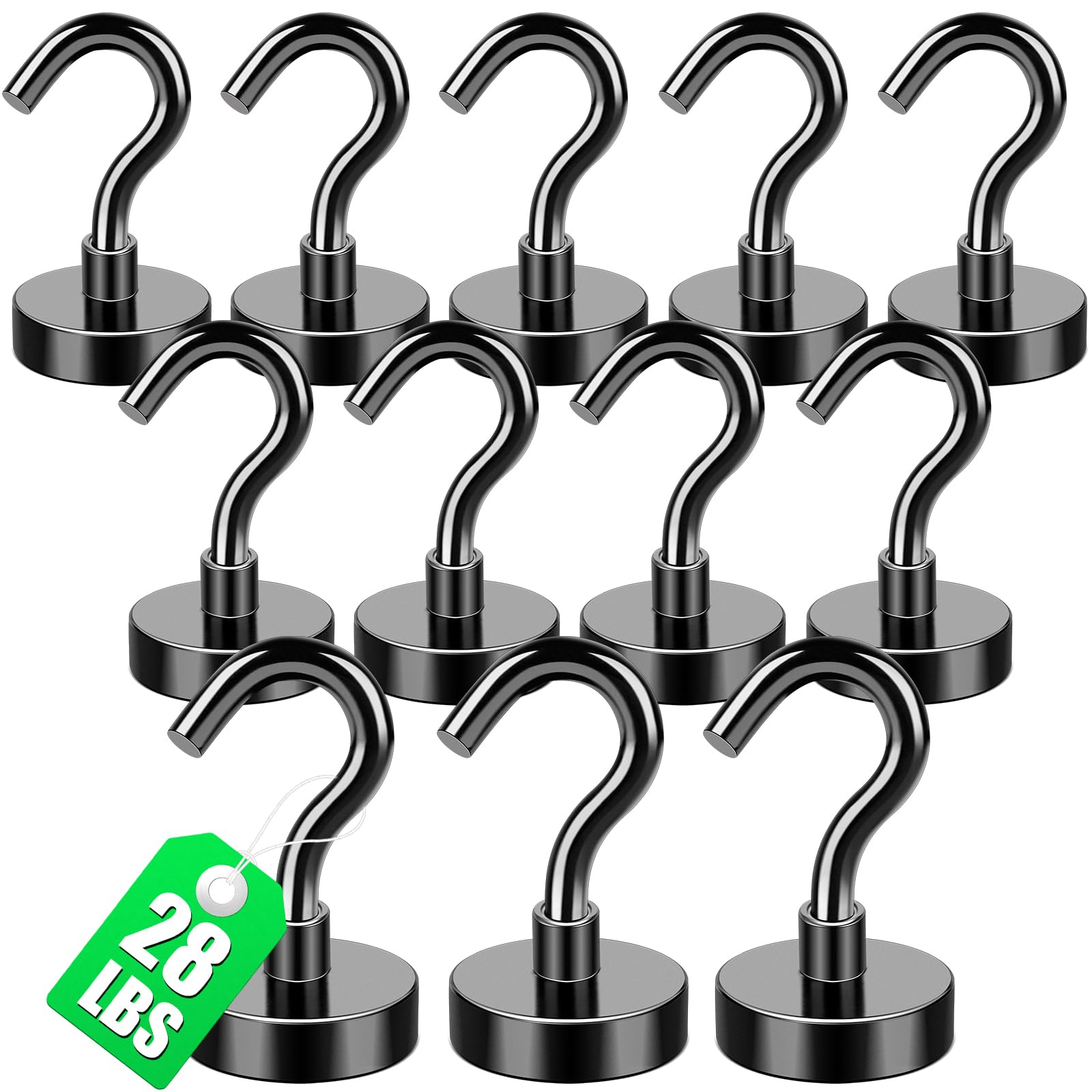 MIKEDE Black Neodymium Magnetic Hooks, 12 Pack, 22Lbs Heavy Duty, Refrigerator, Living Room, Workshop, Iron/Steel Surfaces