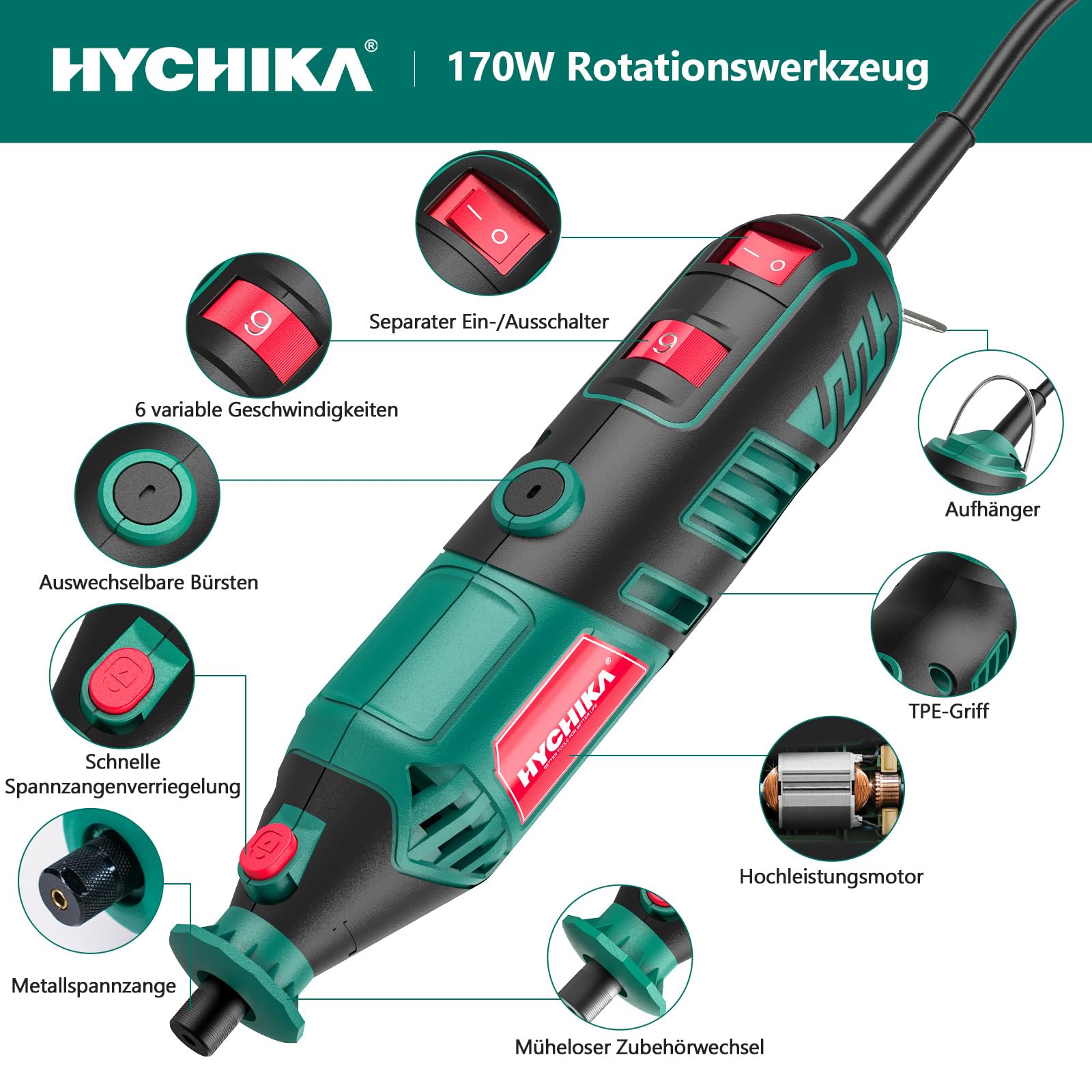 HYCHIKA 170W Rotationswerkzeug, Rotationswerkzeugsatz mit variabler Drehzahl und Flexwelle, 173-teiliges Zubehörset und Multiwerkzeug mit 8000-35000 U/min, perfekt zum Schneiden, Detailschleifen