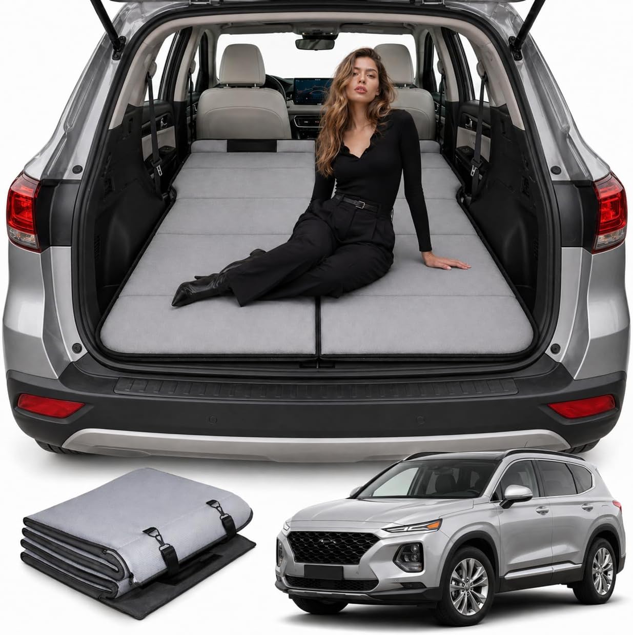 Non Inflatable Car Mattress for Hyundai Santa Fe, Car Camping Mattress, Upgraded Foldable Trunk Sleeping Pad with Storage Bag, Portable Design for Camping, Travel & Beach